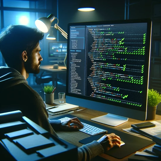Entwickler sitzt vor seinem Computer und schaut sich HTML-Code an.